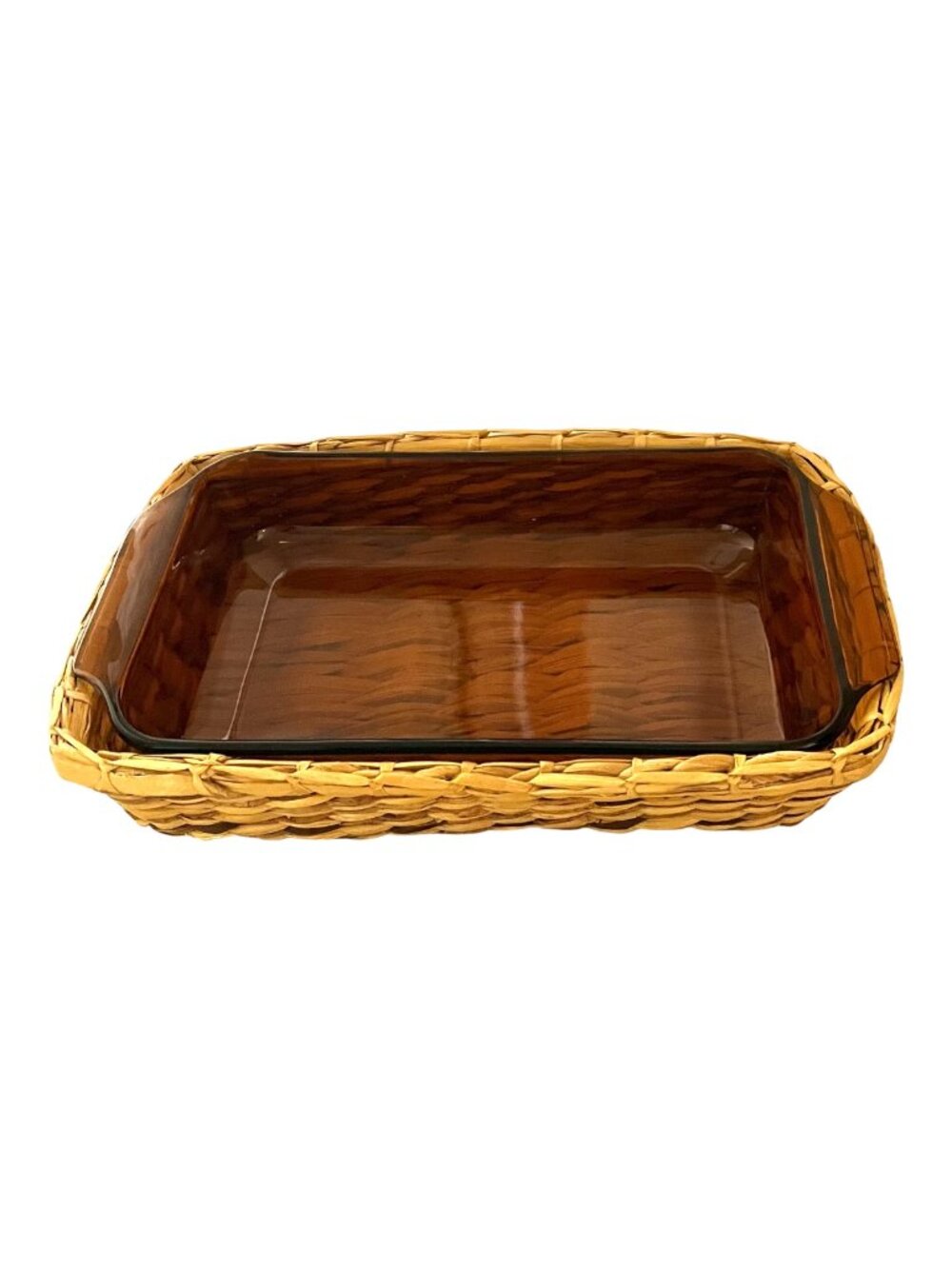 Vintage Anchor Hocking 1.5 Qt Amber Casserole Dish #432 With Wicker Basket USA